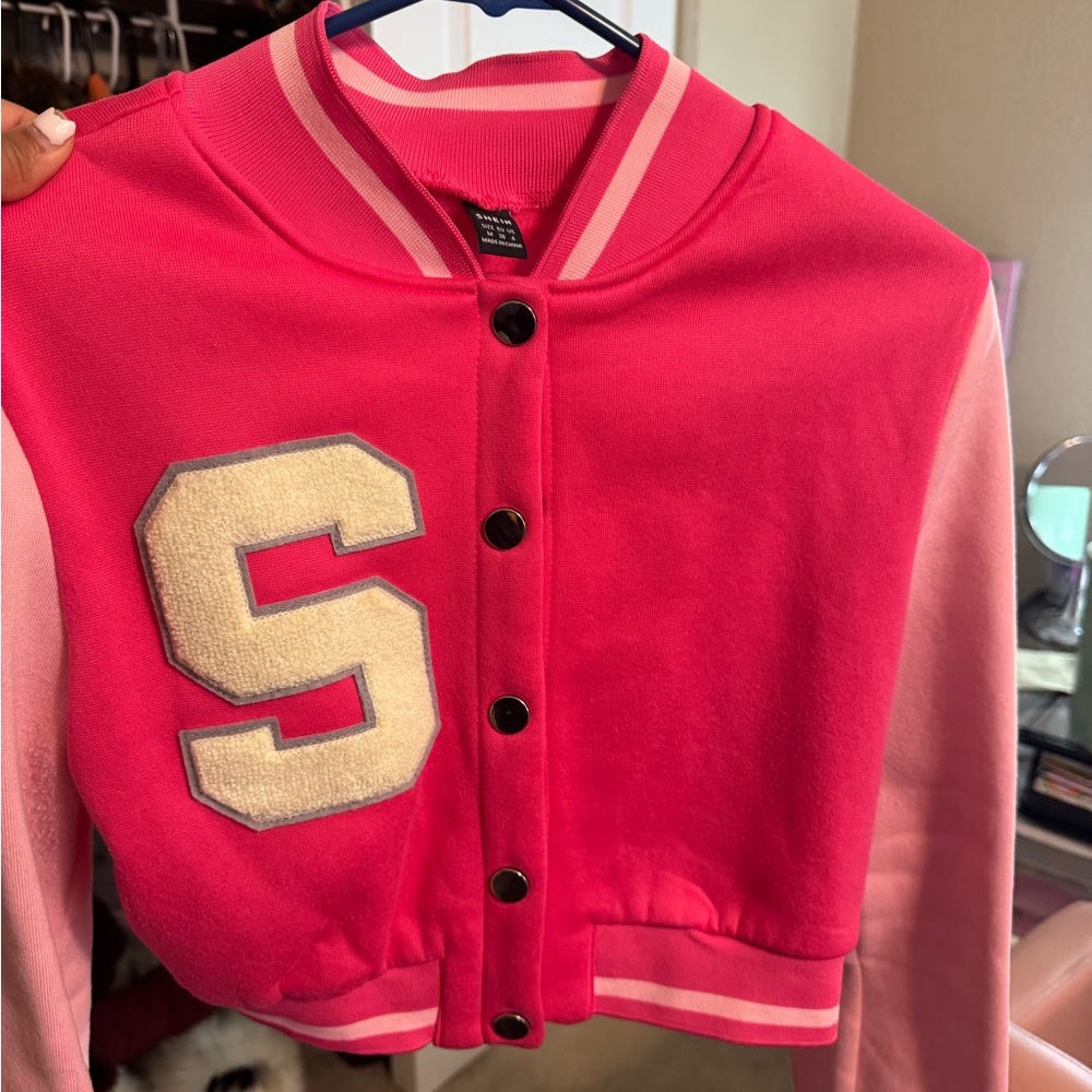 SHEIN Pink Varsity Jacket with Cream Letter